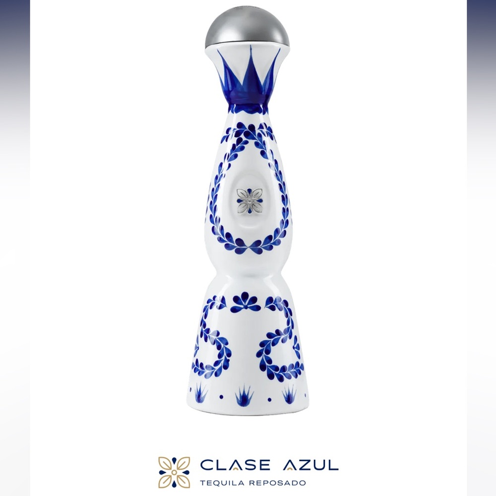 Clase Azul Reposado Tequila Talavera Pottery Hand Painted, White-Blue, Empty BTL